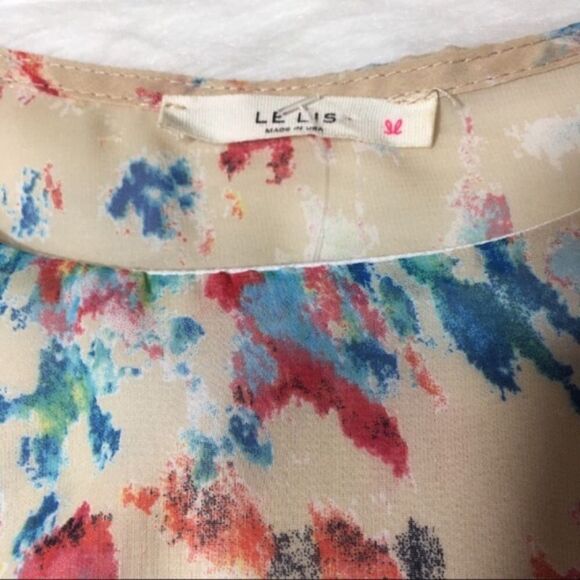 LELIS CREAM CHIFFON MULTICOLOR‎ ABSTRACT PAINT SPLATTER HIGH LOW ARTSY BLOUSE M - Picture 7 of 12
